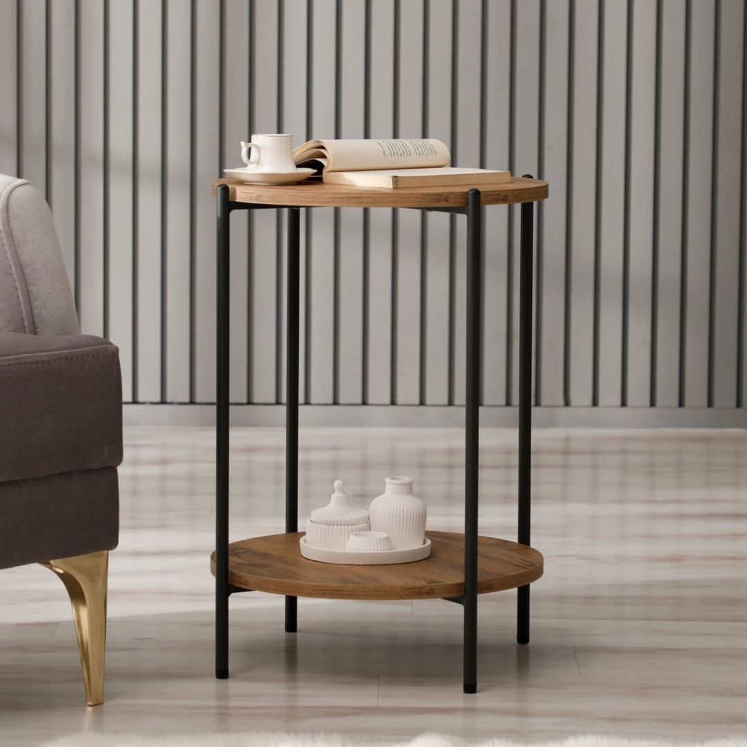 Yuvarlak Tablalı İki Katlı Sehpa Q42X60 CM(LAVA ATLANTİK ÇAM)