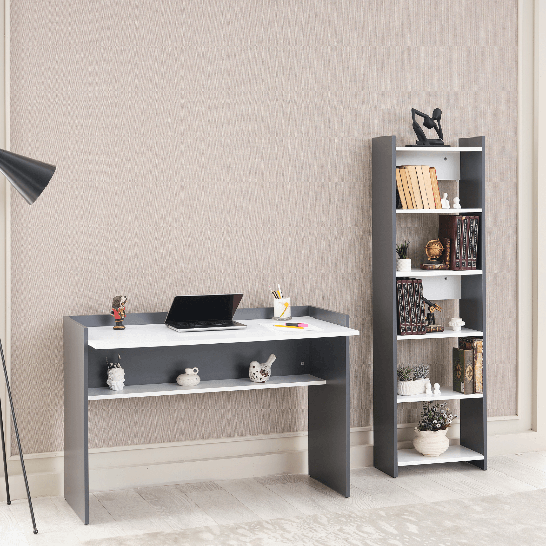 Arpelia Ahşap Çalışma Masası VE Kitaplıklı (GRİ ANTRASİT)